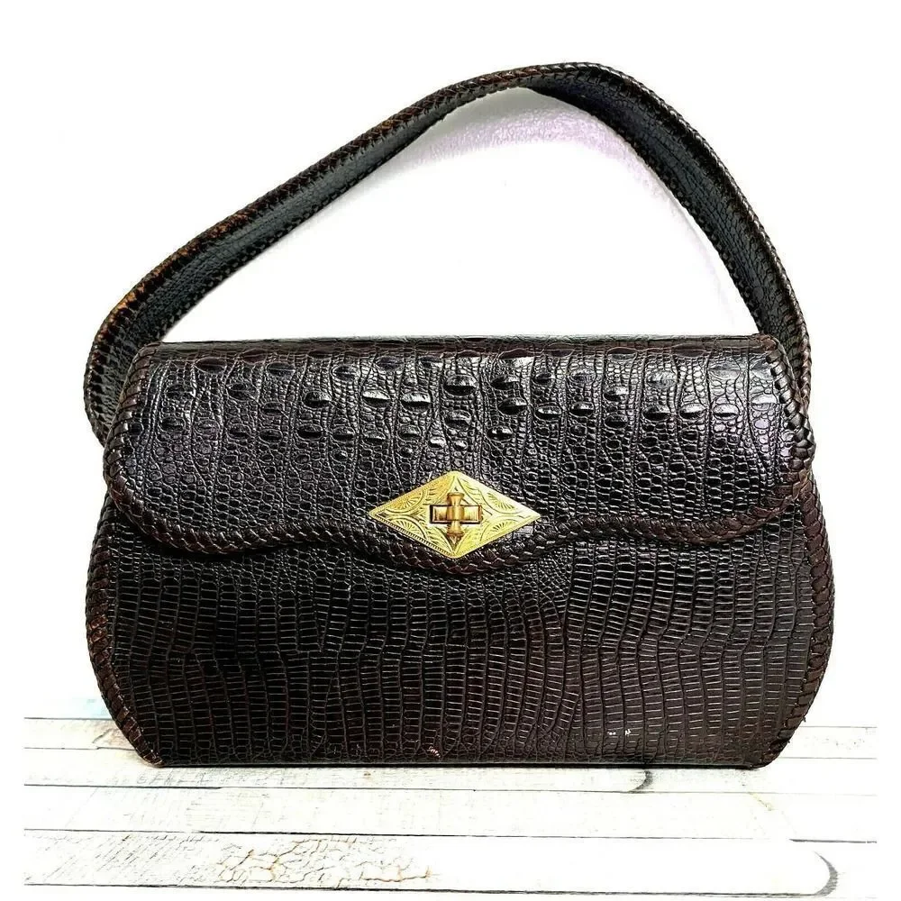 TRUE VINTAGE CROCO BROWN GENUINE LEATHER FLAP TURN LOCK HANDBAG PURSE POCKETBOOK